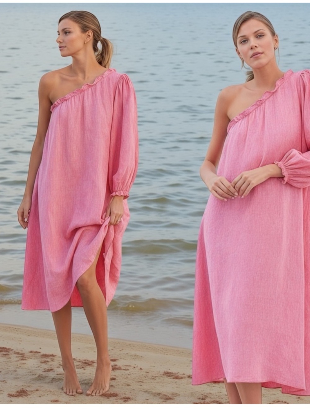 LAKE One Shoulder Milly Midi Dress in Zinnia Pink Linen Size XL NWT